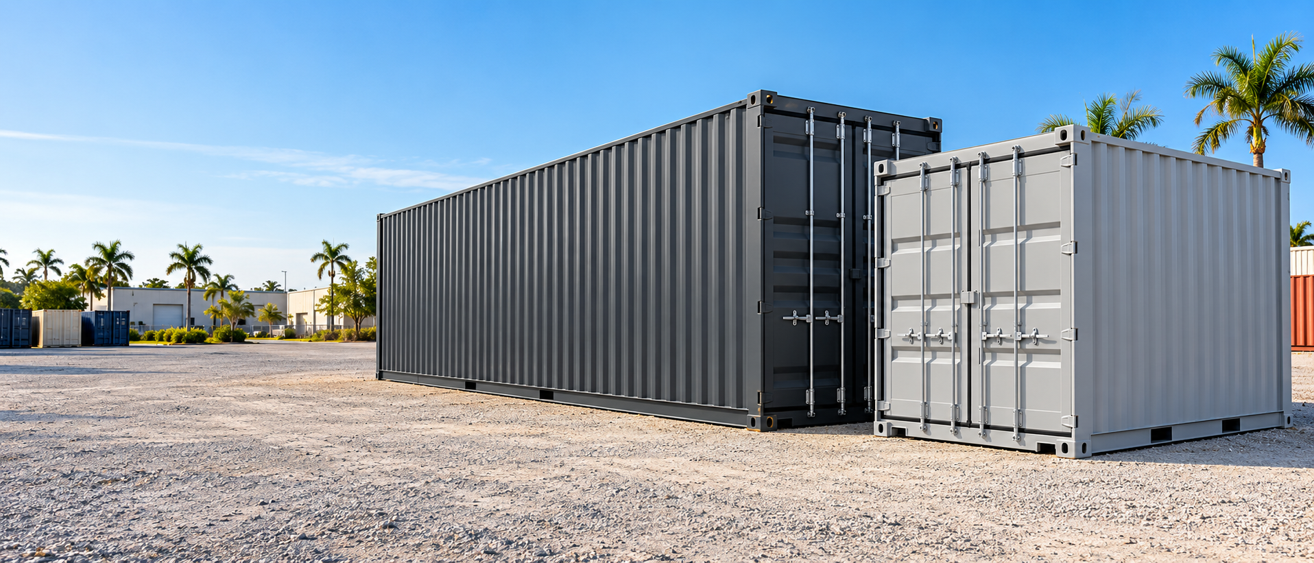 Shipping containers ready for delivery in a Florida yard
